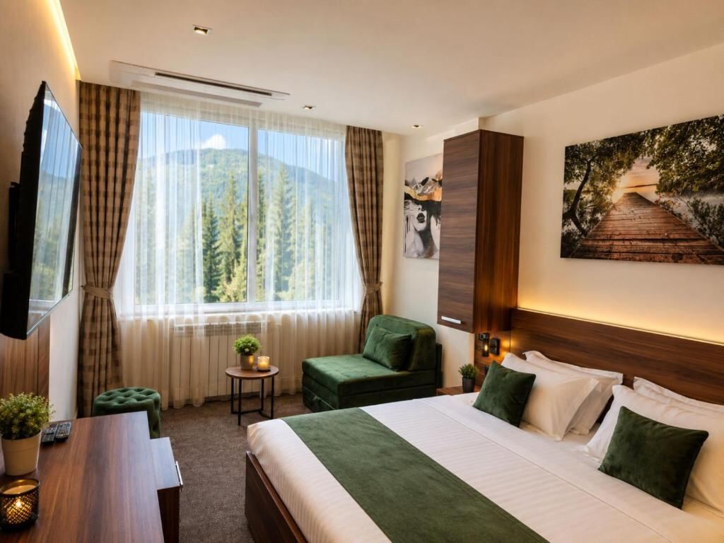 Double room at Hotel Luka's with a king bed, green armchair and mountain view